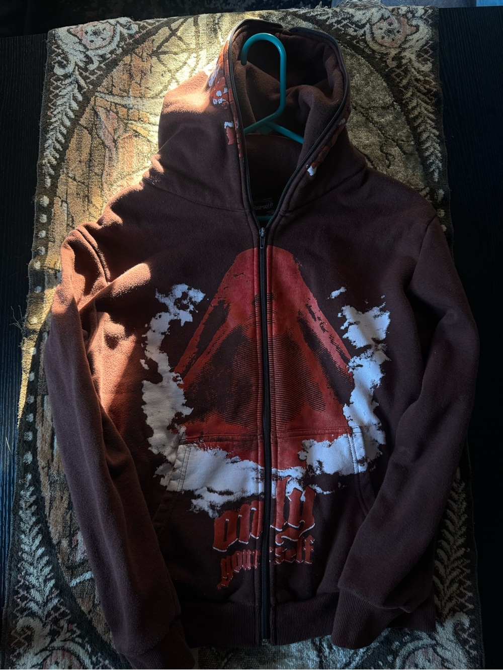 Men's Brown Zip-Up Hoodie with Red Graphic Print